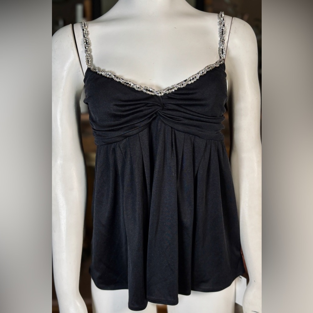 Charles Chang Lima 100% Silk Black Camisole Top w/ Rhinestone Straps, Sz 10